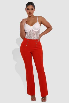 High Waist Sculpting Flare Pants With Metal Button Waist Detail - Vermilion